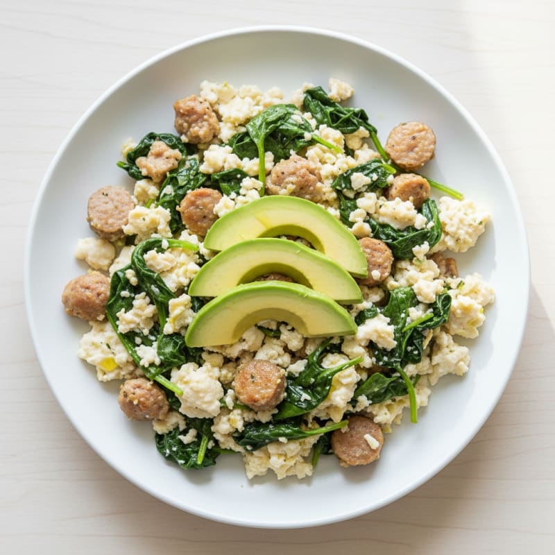Egg White and Turkey Sausage Scramble with Sautéed Spinach