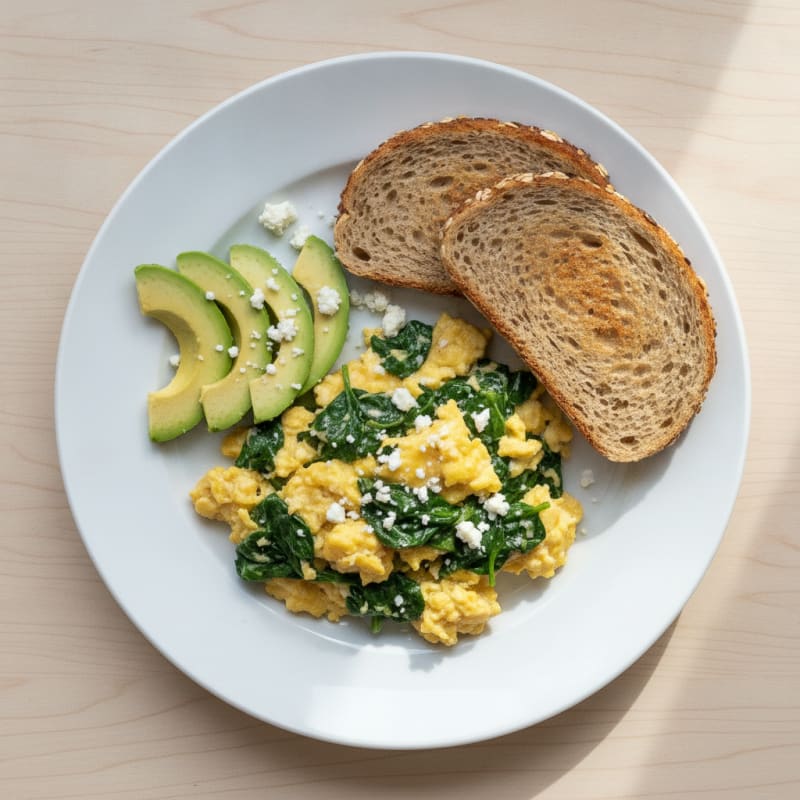 Creamy Scrambled Eggs with Sautéed Spinach and Feta