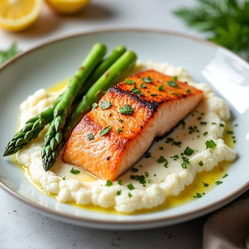 Seared Salmon with Steamed Asparagus and Cauliflower Mash