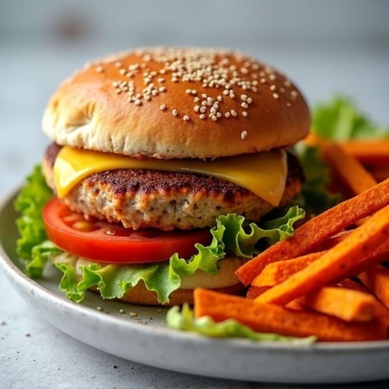 Lean Turkey Burger with Crispy Baked Sweet Potato Fries