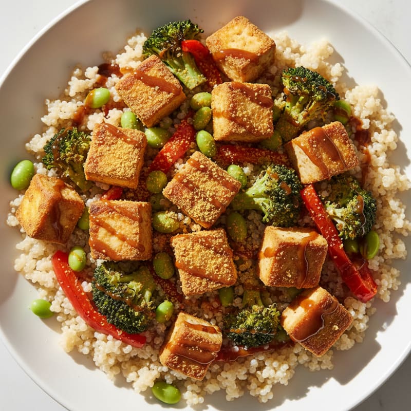 Crispy Tofu Power Bowl with Quinoa and Roasted Vegetables