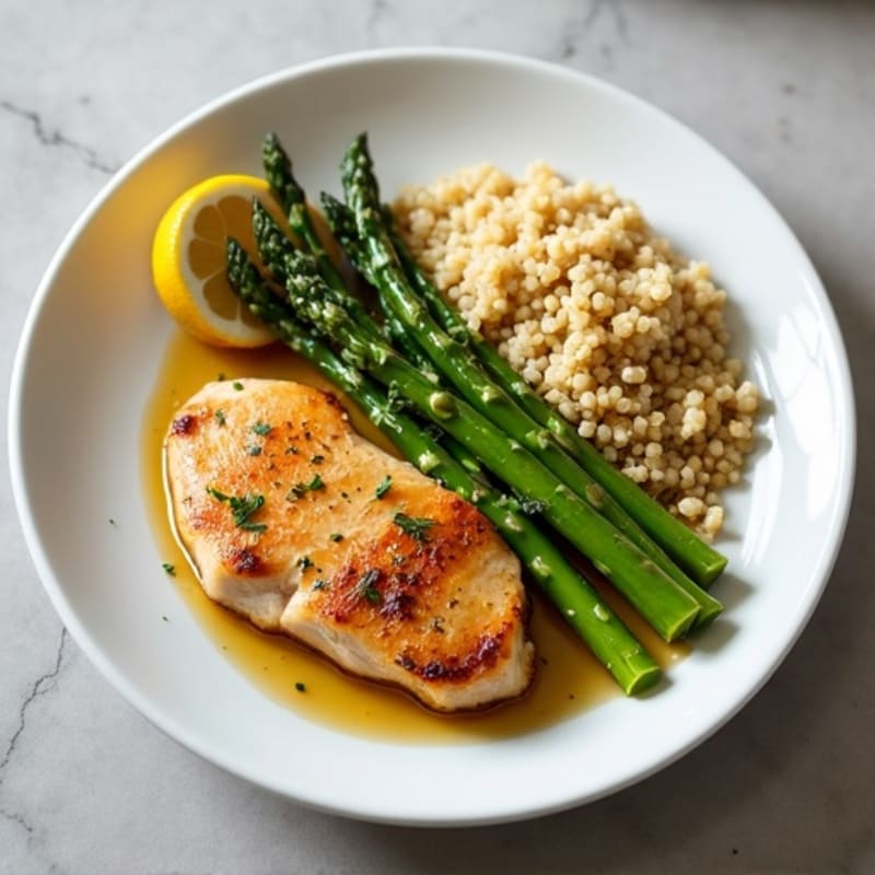 Lemon Garlic Pan-Seared Chicken with Roasted Asparagus & Quinoa