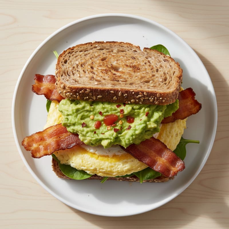 Crispy Turkey Bacon and Egg Breakfast Sandwich with Smashed Avocado