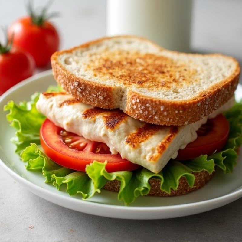 Grilled Chicken Breast Sandwich on Whole Grain Bread with Crunchy Lettuce and Tomato