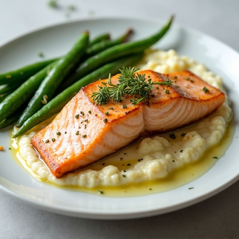 Seared Salmon with Steamed Green Beans and Garlic Mashed Cauliflower