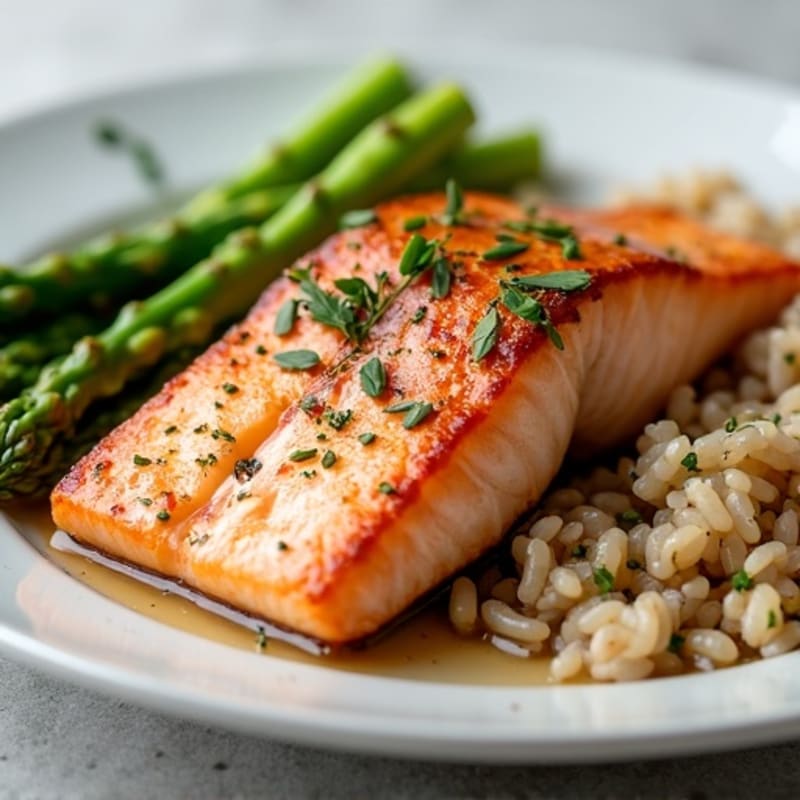 Seared Salmon Fillet with Steamed Asparagus and Brown Rice