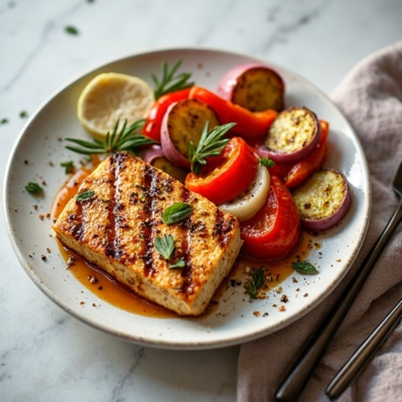 Grilled Tempeh with Garlic-Herb Roasted Vegetables