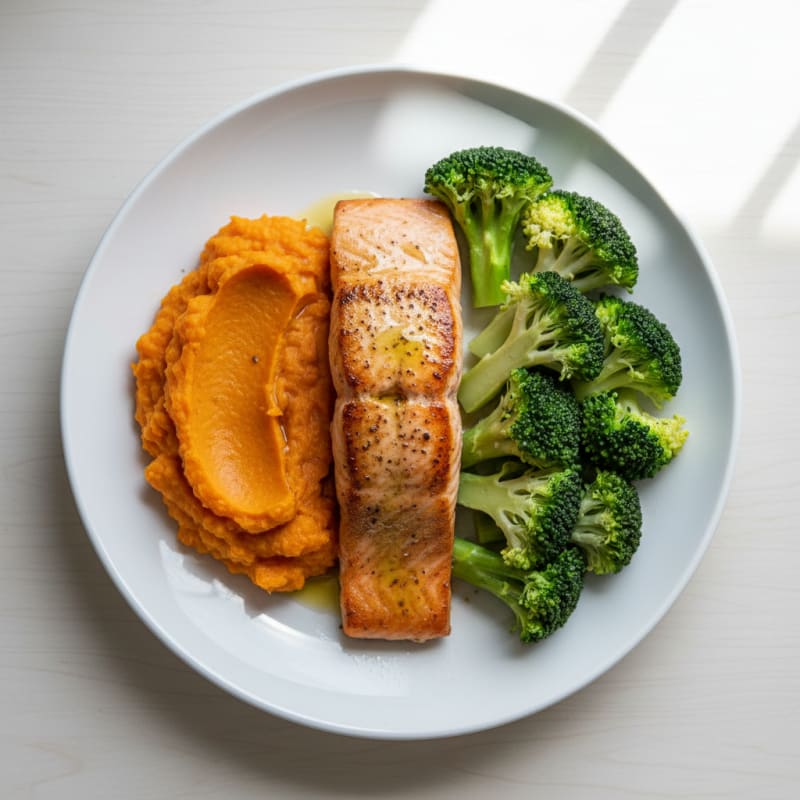 Seared Salmon with Steamed Broccoli and Sweet Potato Mash