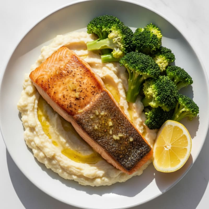 Seared Salmon with Steamed Broccoli and Garlic Cauliflower Mash