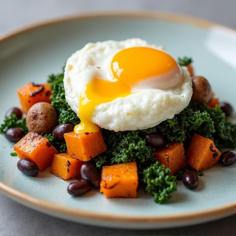 Crispy Sweet Potato and Kale Hash with Poached Eggs
