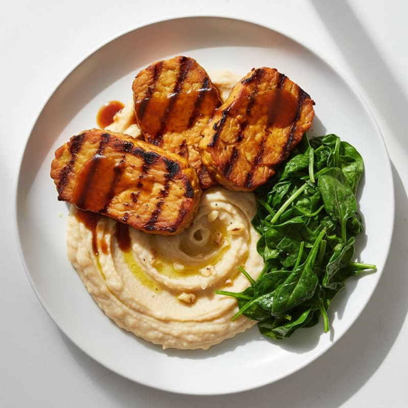 Grilled Tempeh Steaks with Garlic Spinach and White Bean Mash