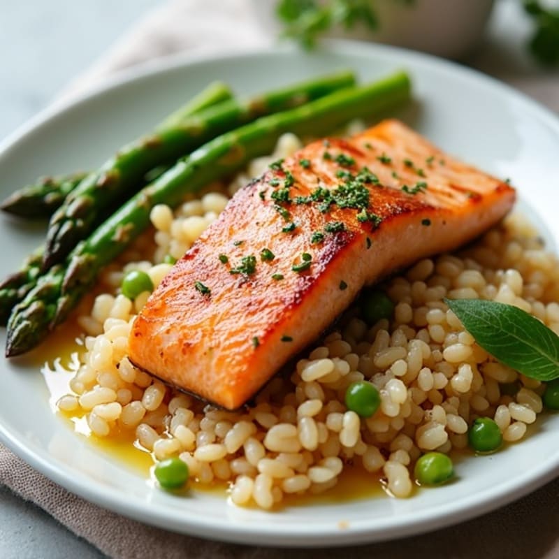 Seared Salmon with Steamed Asparagus and Brown Rice