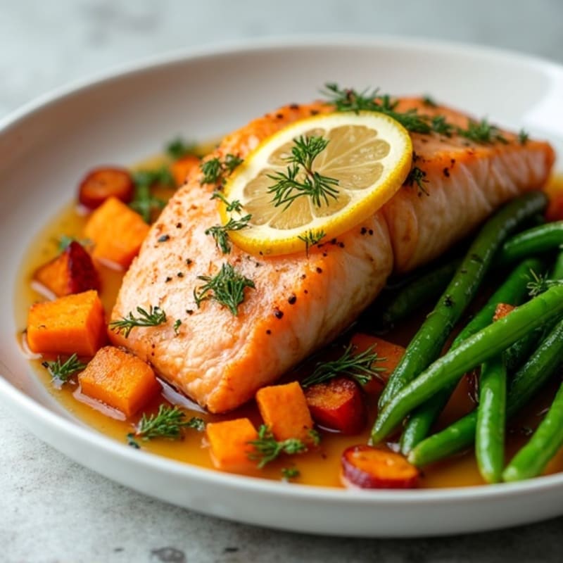 Lemon Herb Roasted Salmon with Sweet Potatoes and Crispy Green Beans