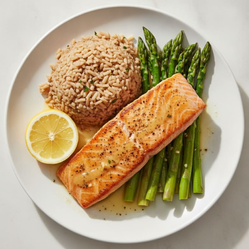 Seared Salmon with Garlic Asparagus and Brown Rice
