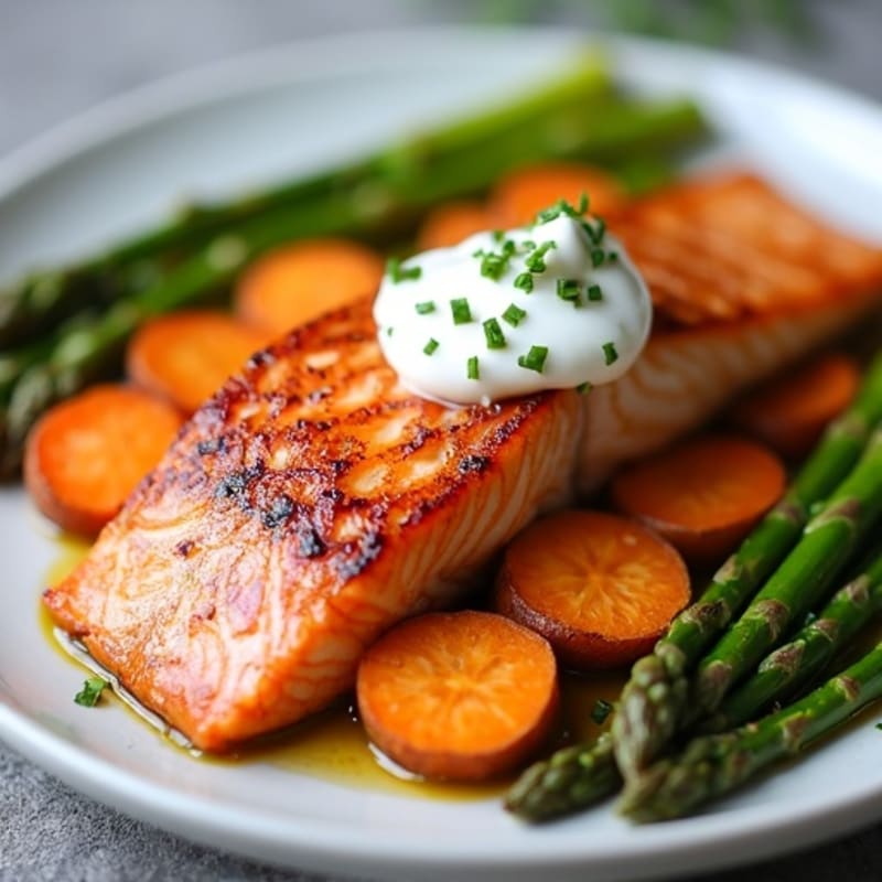 Seared Salmon Fillet with Roasted Sweet Potatoes and Asparagus
