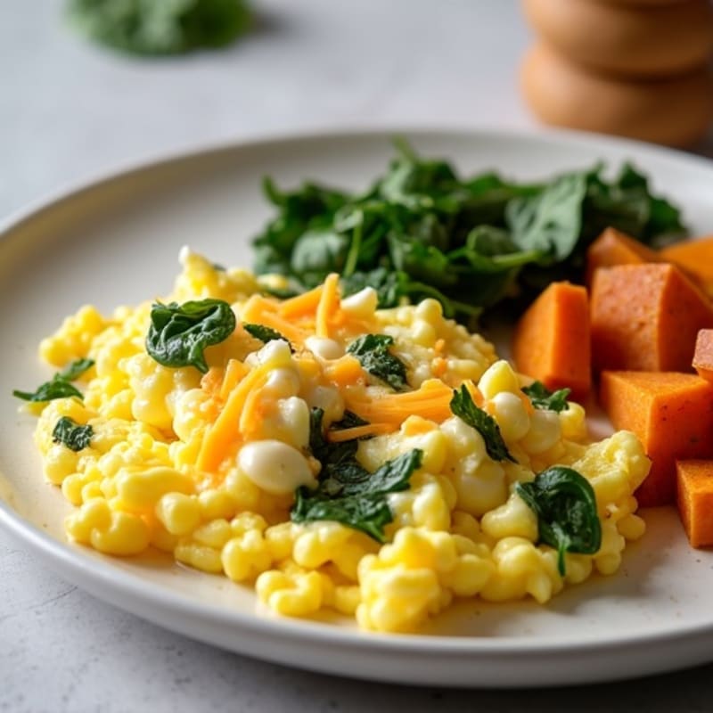 Fluffy Scrambled Eggs with Fresh Spinach and Roasted Sweet Potato