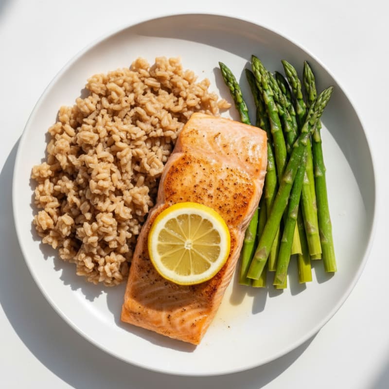 Baked Salmon with Steamed Asparagus and Brown Rice