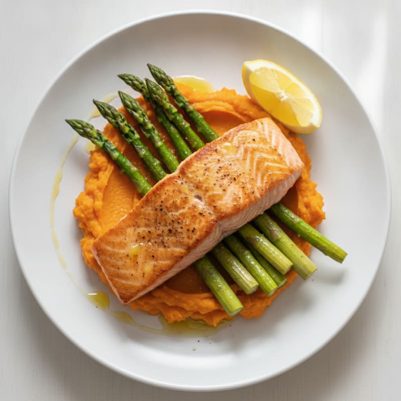 Seared Salmon with Roasted Asparagus and Sweet Potato Mash