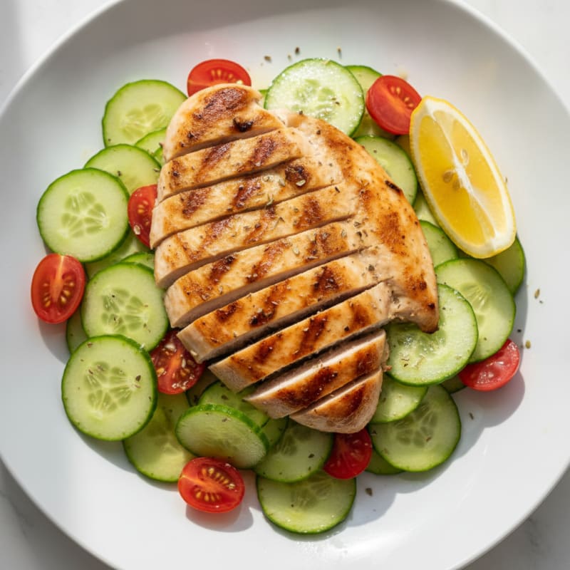 Grilled Chicken Breast Salad with Cucumber and Tomato