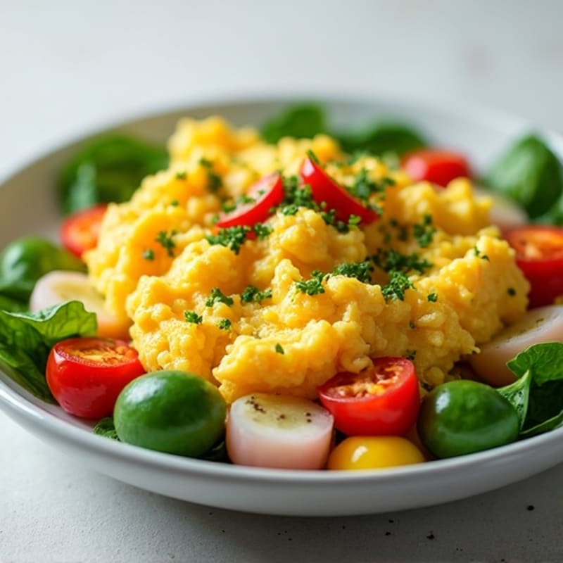 Fluffy Scrambled Eggs with Fresh Herbs and Sautéed Veggies
