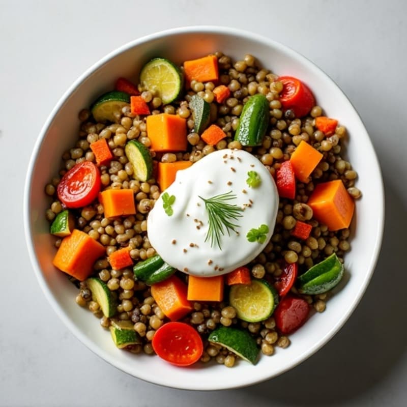 Lentil and Roasted Vegetable Bowl with Herb Yogurt Sauce
