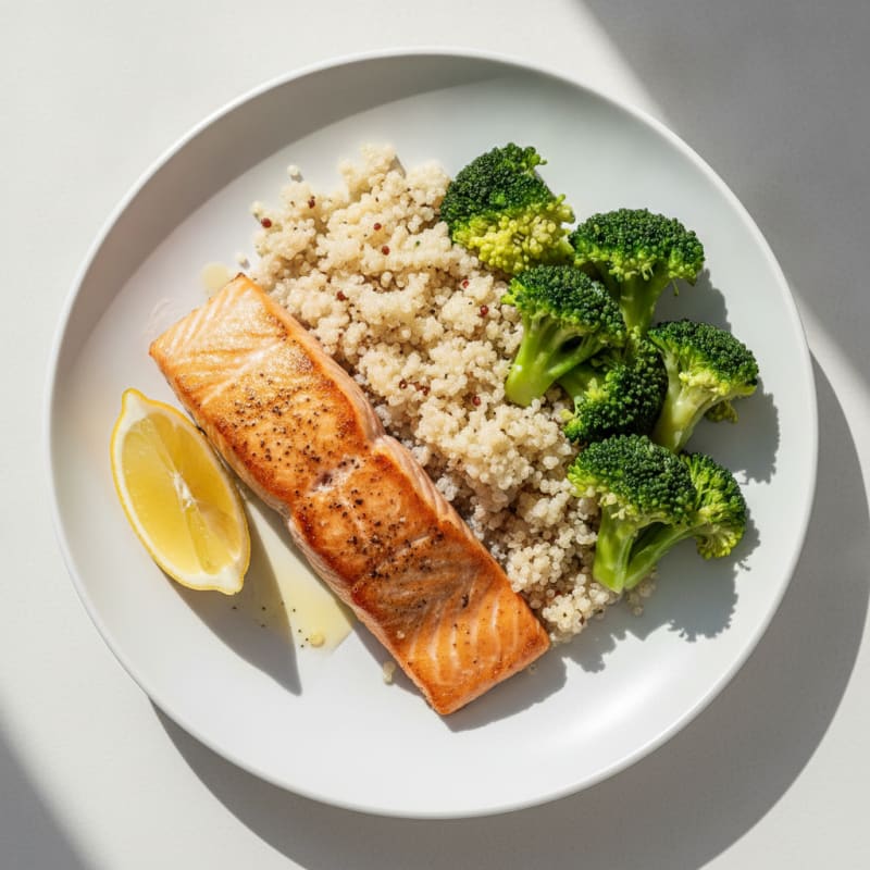 Seared Salmon Fillet with Steamed Broccoli and Quinoa