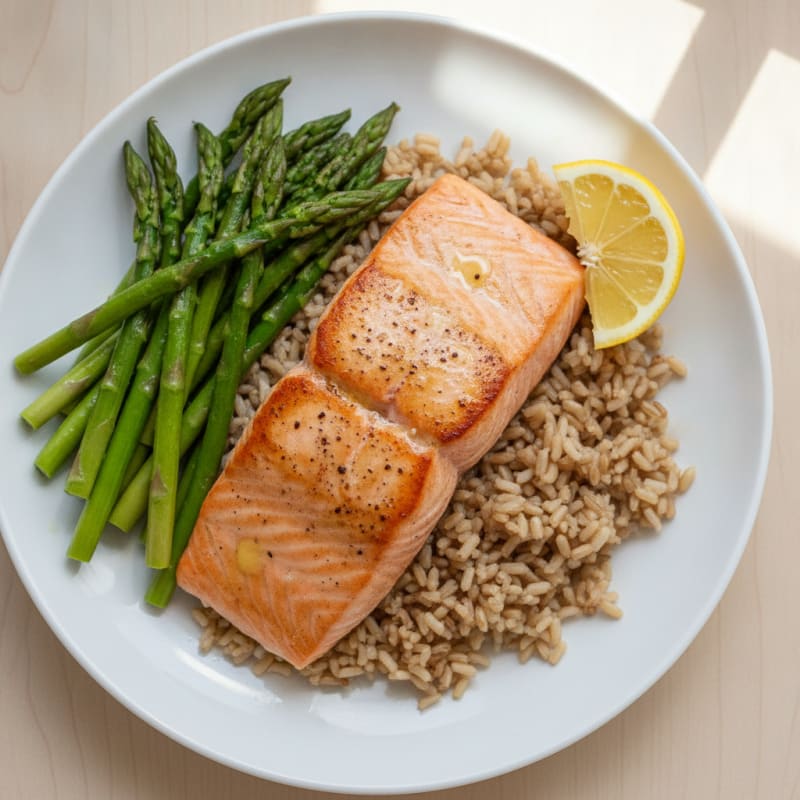 Seared Salmon Fillet with Steamed Asparagus and Brown Rice