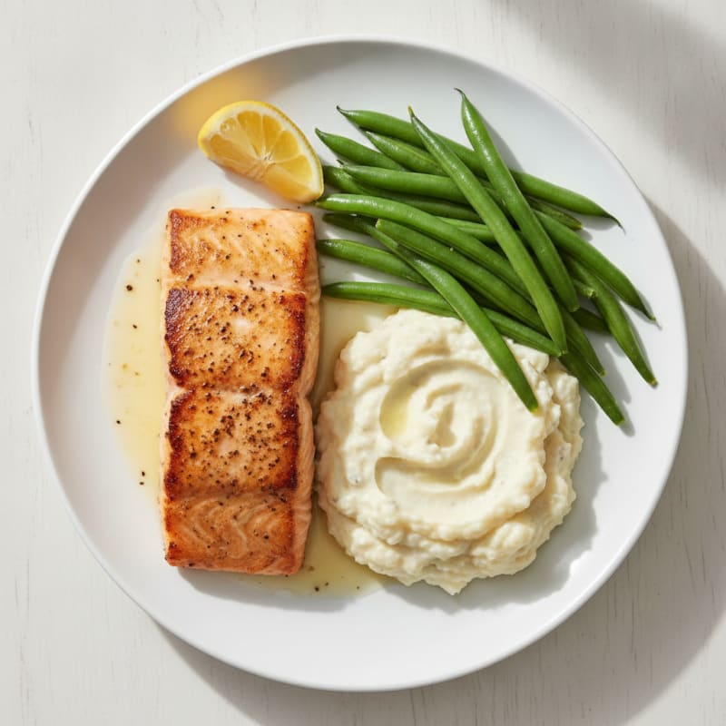 Seared Salmon with Steamed Green Beans and Garlic Mashed Cauliflower