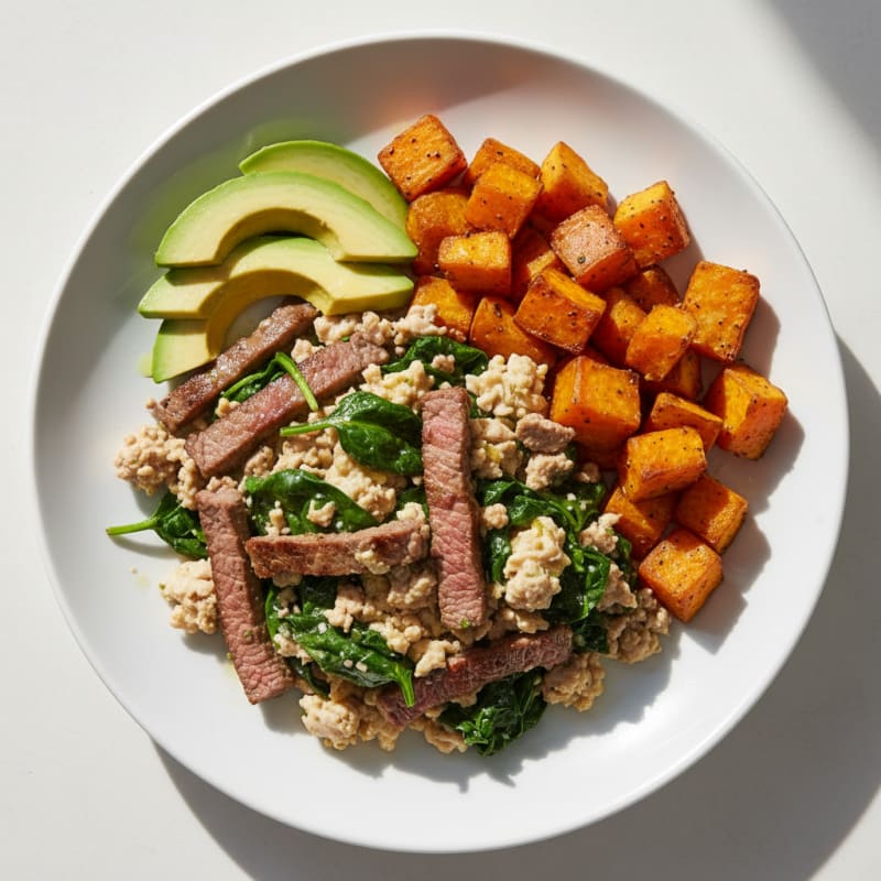 Turkey Spinach Egg White Scramble with Roasted Sweet Potatoes