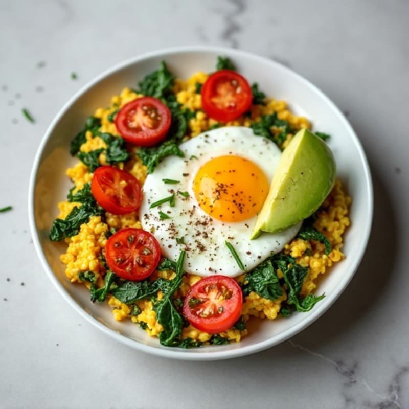 Cottage Cheese Egg White Scramble with Spinach and Cherry Tomatoes