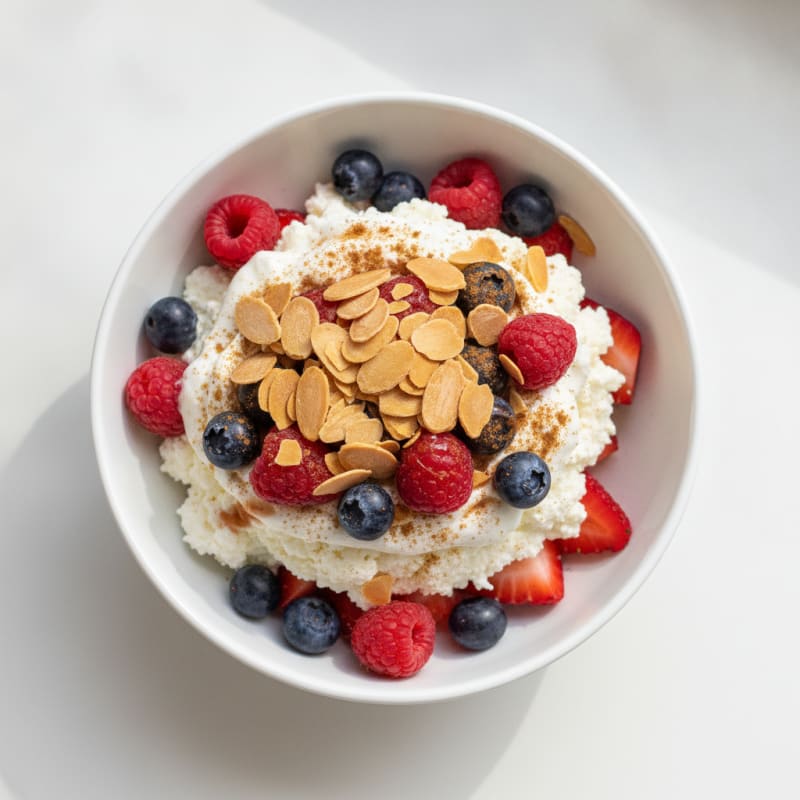 Cottage Cheese Greek Yogurt Parfait with Mixed Berries and Almonds