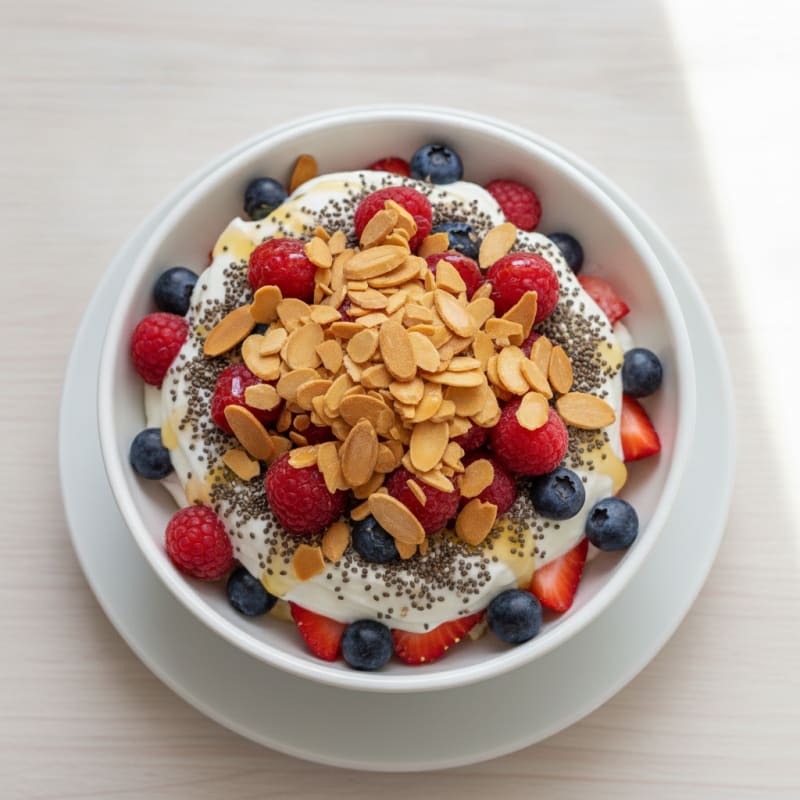 Greek Yogurt Protein Parfait with Mixed Berries and Almonds