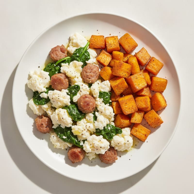 Egg White and Turkey Sausage Scramble with Spinach and Roasted Sweet Potatoes