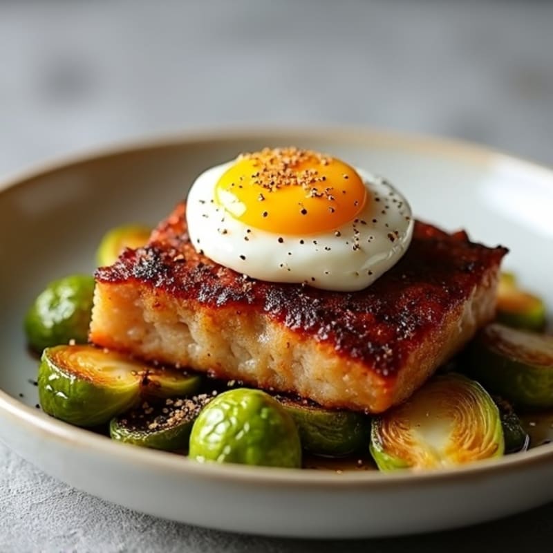 Crispy Slow-Braised Pork Belly with Roasted Brussels Sprouts