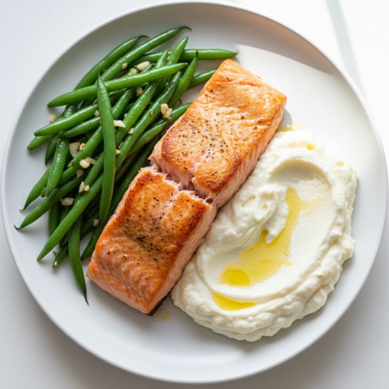 Seared Salmon Fillet with Garlic Green Beans and Cauliflower Mash