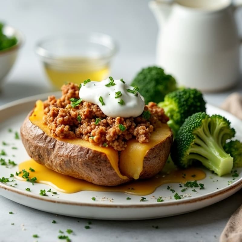 Crispy Baked Potato with Lean Ground Turkey, Steamed Broccoli, and Creamy Greek Yogurt