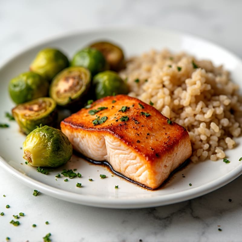 Seared Salmon with Roasted Brussels Sprouts and Brown Rice