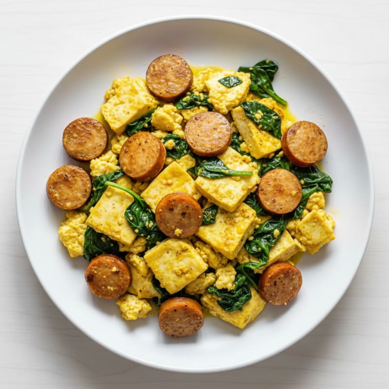 Silky Tofu Scramble with Chicken Sausage and Spinach