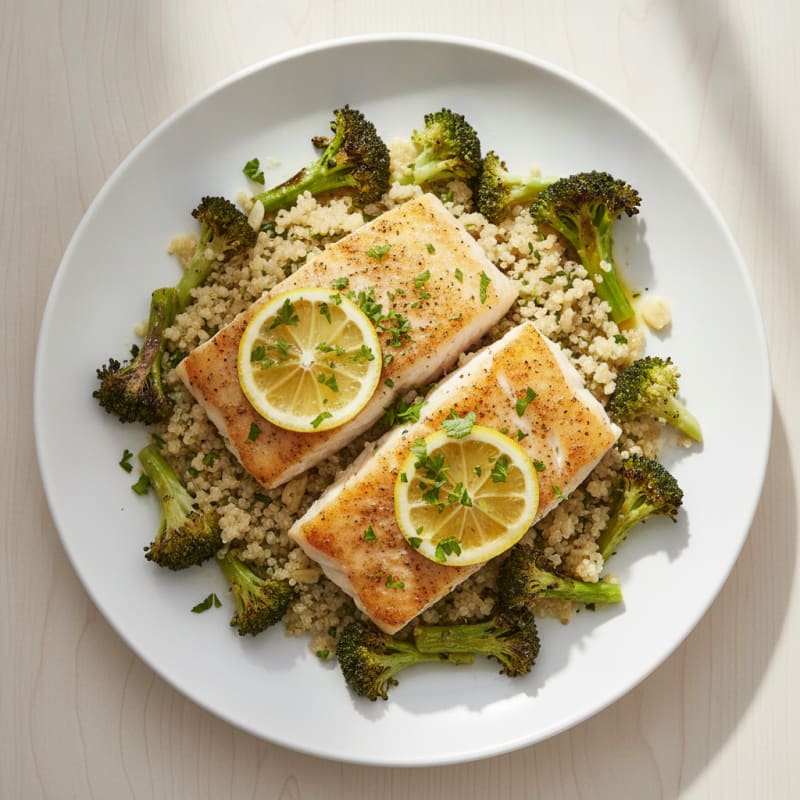 Herb-Roasted Cod with Garlic Quinoa and Roasted Broccoli