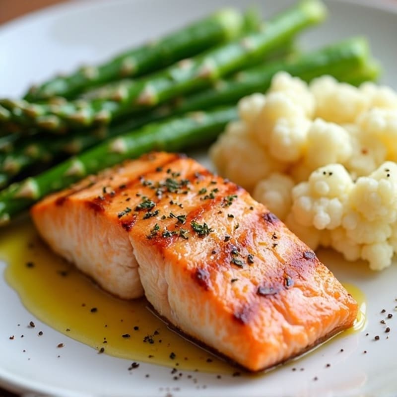 Seared Salmon with Steamed Asparagus and Garlic Mashed Cauliflower