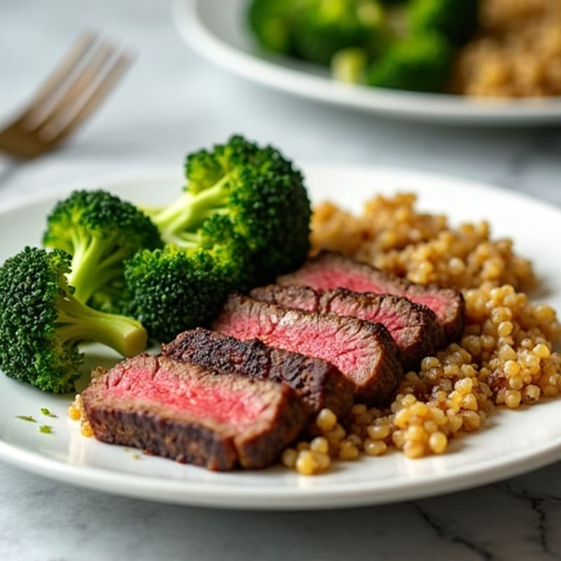 Seared Lean Beef Strips with Roasted Broccoli and Quinoa