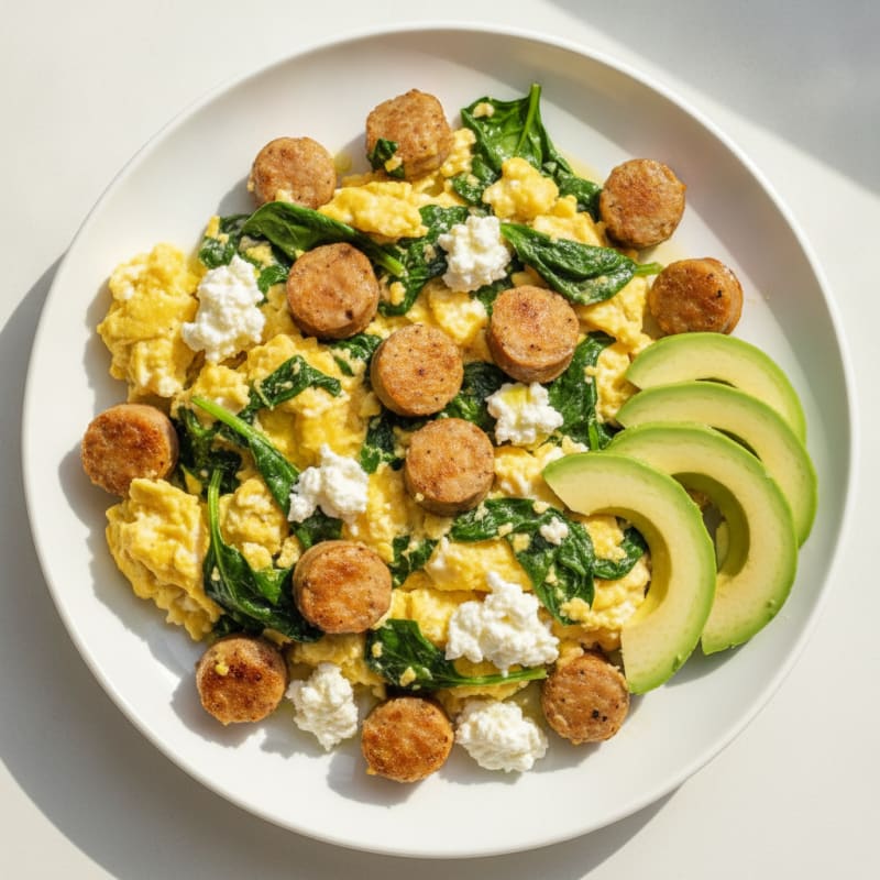 Chicken Sausage and Spinach Egg Scramble with Cottage Cheese