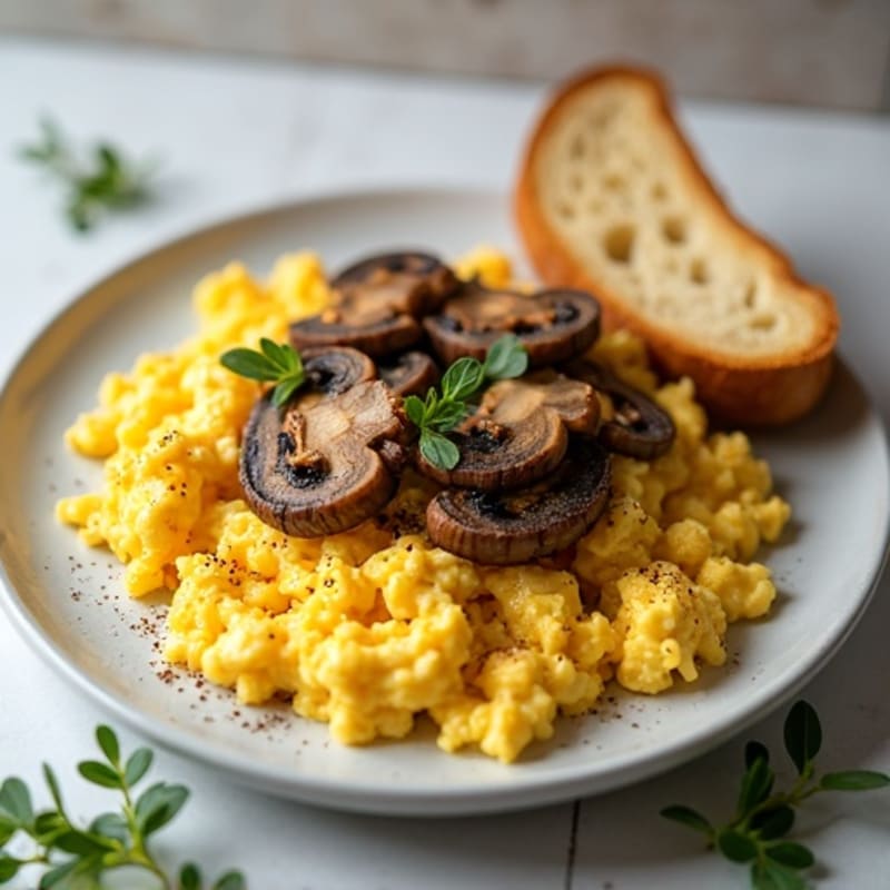 Scrambled Eggs with Sautéed Mushrooms and Toasted Sourdough