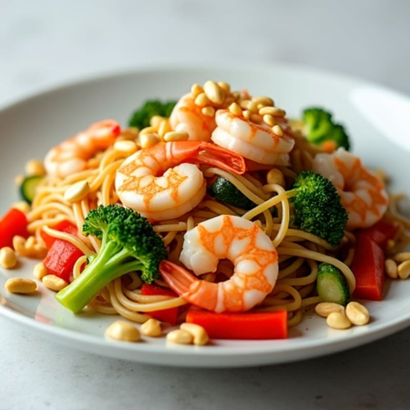 Fresh Shrimp and Vegetable Noodle Stir-Fry with Crushed Peanuts
