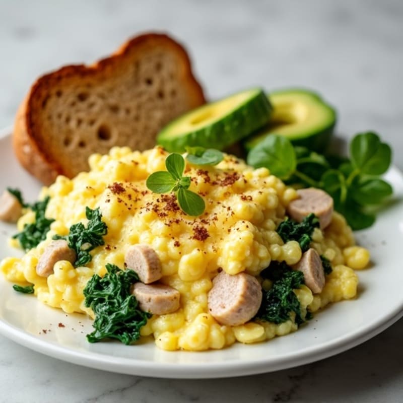 Egg White Spinach Scramble with Turkey Sausage