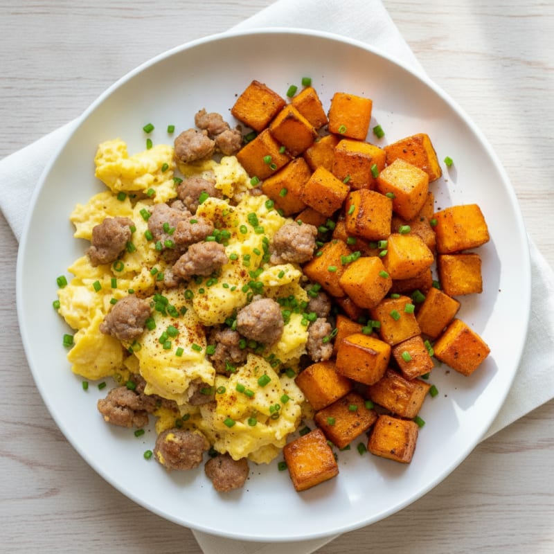 Scrambled Eggs with Turkey Sausage and Roasted Sweet Potatoes