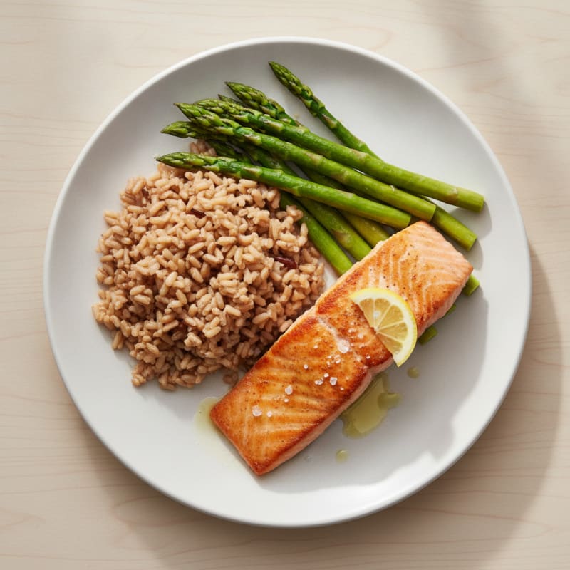 Seared Salmon with Steamed Asparagus and Brown Rice