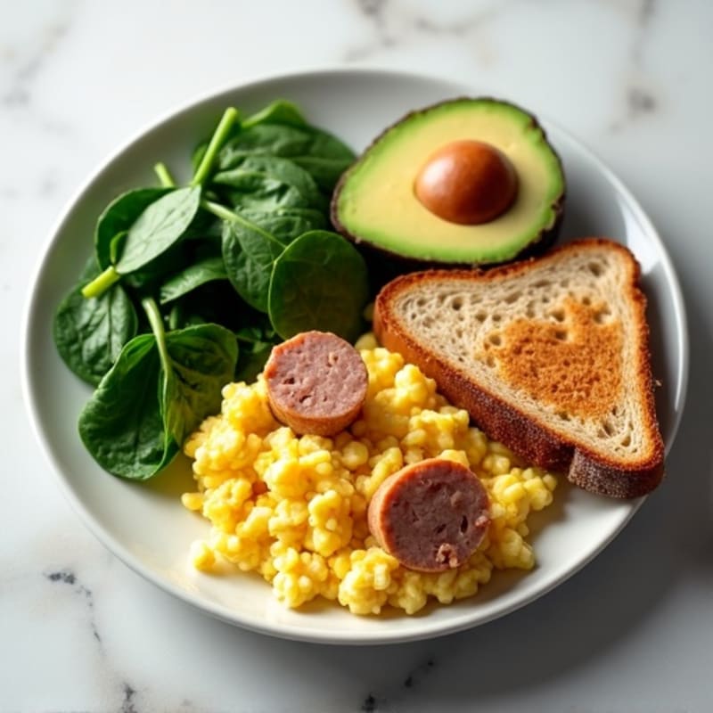 Egg White Scramble with Turkey Sausage, Sautéed Spinach, Avocado & Toast