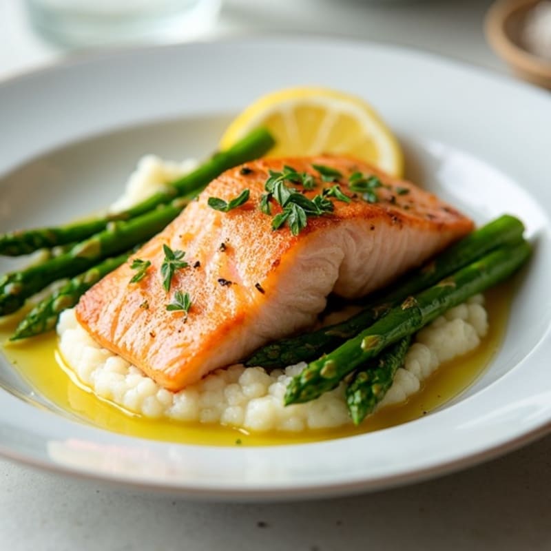 Seared Salmon Fillet with Steamed Asparagus and Cauliflower Mash