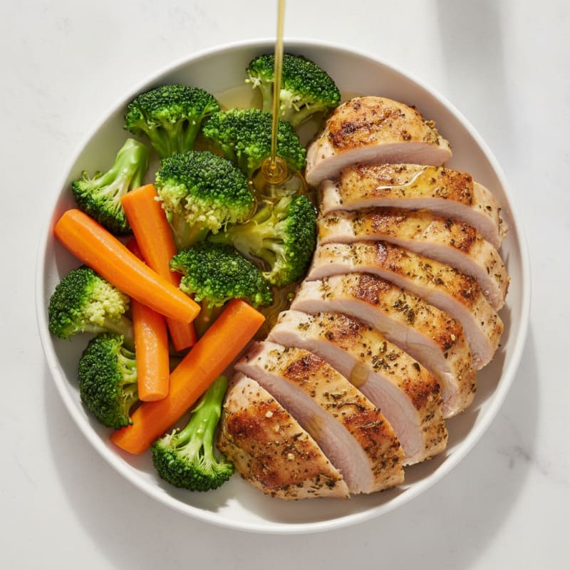 Seared Turkey Breast with Steamed Broccoli and Carrots